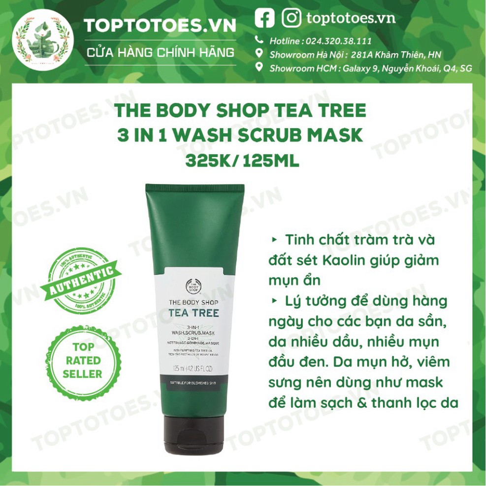 . Sữa rửa mặt kiêm mặt nạ và tẩy tế bào chết The Body Shop Tea Tree 3 In 1 Wash Scrub Mask làm sạch sâu, detox, giảm mụn