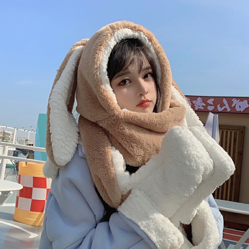 Bộ Khăn Choàng + Mũ Lông Thỏ + Găng Tay Chống Gió Ấm Áp Đáng Yêu Cho Nữ