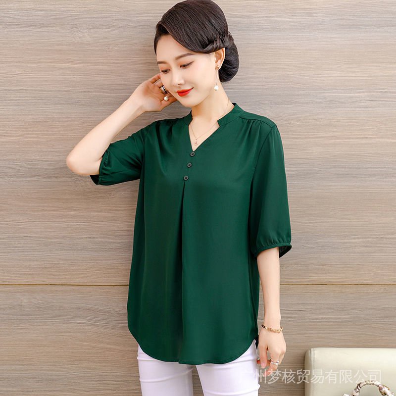 Áo Sơ Mi Chiffon Tay Ngắn Dáng Rộng Che Bụng Phong Cách Phương Tây Dành Cho Nữ Trung Niên 40-50 Tuổi