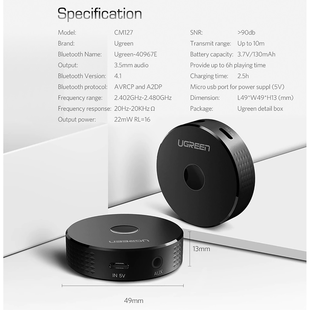 Thiết Bị Nhận Bluetooth Audio 3.5mm Cao Cấp UGREEN CM127