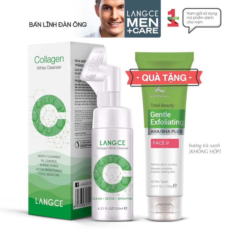 Collagen Rửa Mặt Cọ Massage Trắng Da 120ml Hộp Xanh TẶNG Tẩy Tế Bào Chết Da Mặt Trà Xanh 100ml LANGCE cho Nam