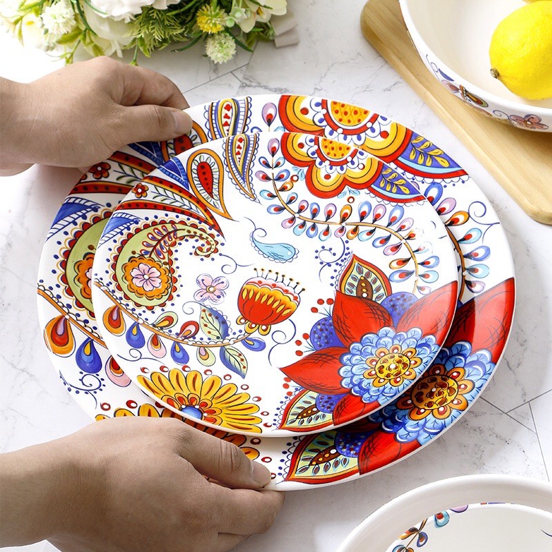 Đĩa sứ hoa văn , đĩa vintage họa tiết vẽ tay Tây Ban Nha, đĩa sứ trang trí họa tiết đỏ