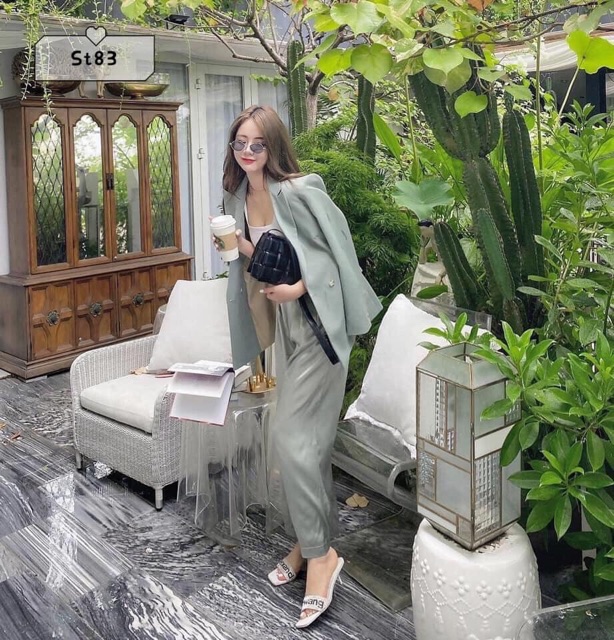 Bán sỉ set bộ áo vest màu xanh + quần ống rộng