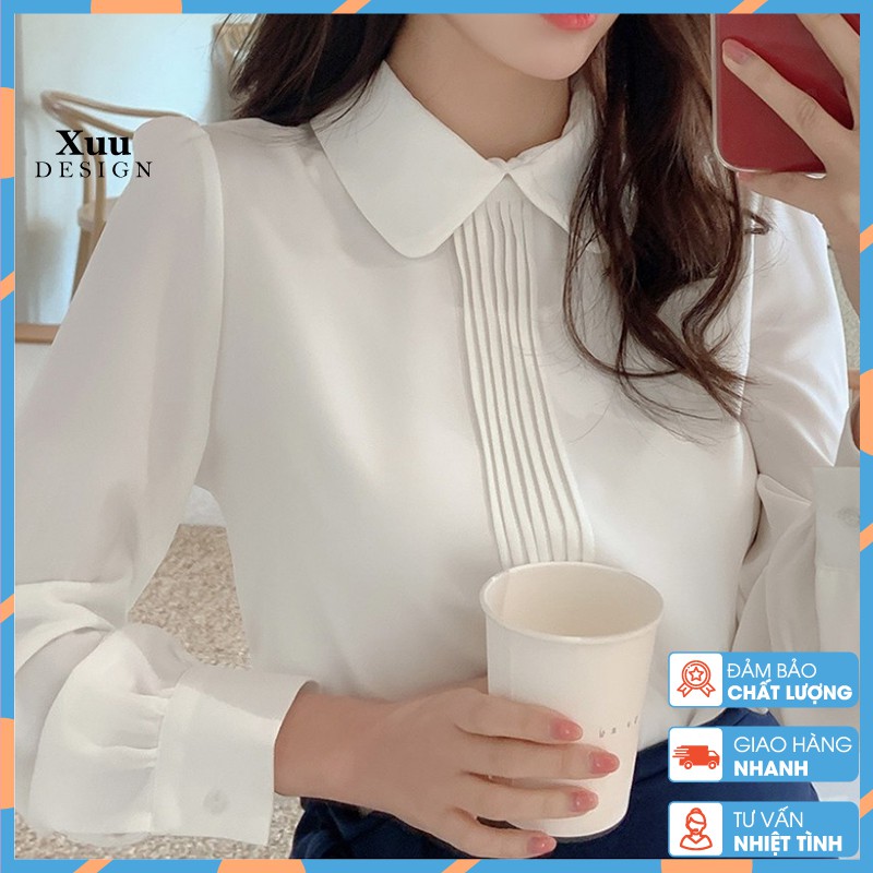 Áo Sơ Mi Nữ Trắng Công Sở Xuu Design, Áo nữ dài tay nẹp xếp ly chất lụa hàn mềm mịn SP27