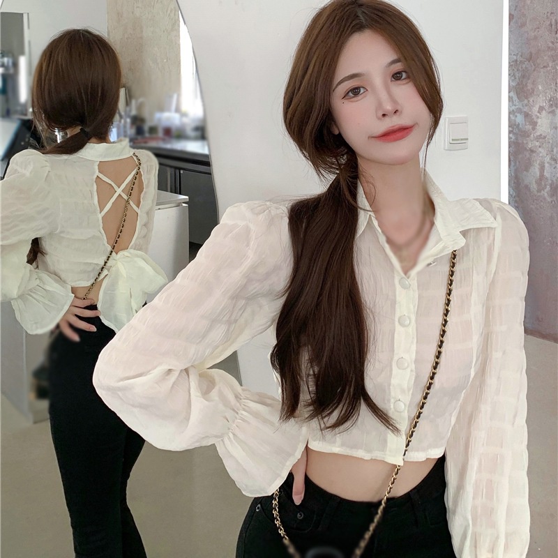 Áo croptop tay phồng dài phối nơ thời trang ngọt ngào cho nữ | BigBuy360 - bigbuy360.vn