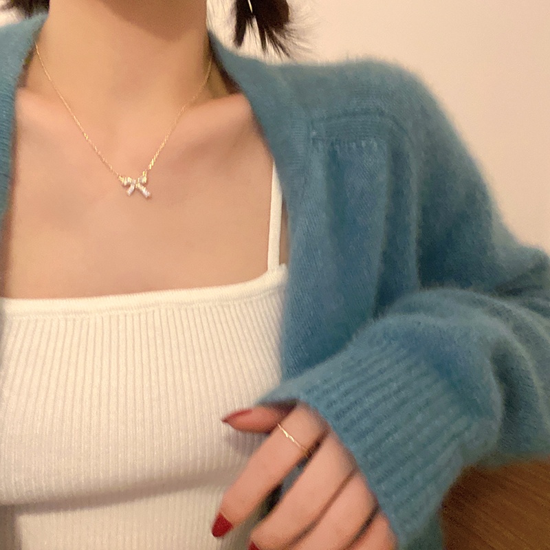 Vòng cổ dây xích vàng mặt hình nơ đính pha lê lấp lánh kiểu Hàn cổ điển cho nữ