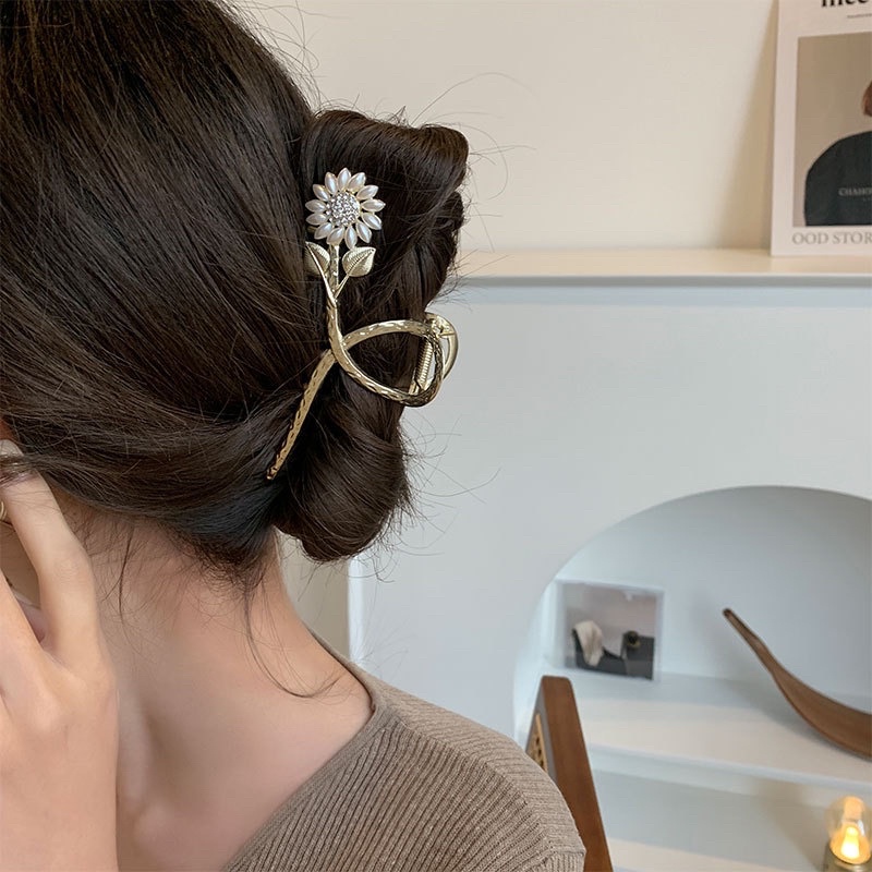 Kẹp tóc kim loại hoa hướng dương bản to và dài kẹp tóc sau đầu cho nữ phong cách nữ tính Hàn Quốc