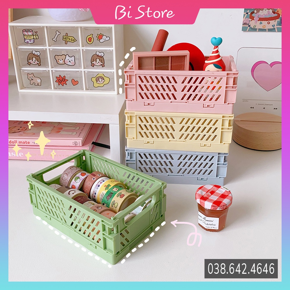 Rổ nhựa mini để bàn màu pastel - Giỏ nhựa đa năng đựng sticker, đồ dùng văn phòng, phụ kiện,..có thể gấp gọn, tiện lợi