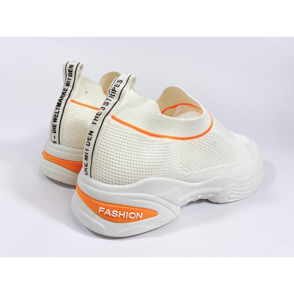 Giày thể thao không dây trắng phối viền cam đơn giản có đế cao su êm nhẹ, bền (GBBVL)