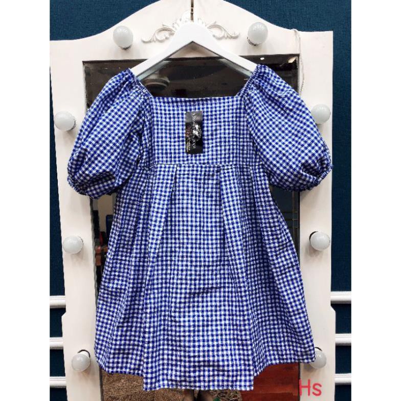 💃 Đầm Babydoll Nữ Kẻ Xanh Cổ Vuông. HANN's Closet. Váy Nữ Tay Bồng Dáng Xòe Tiểu Thư Xinh Đẹp