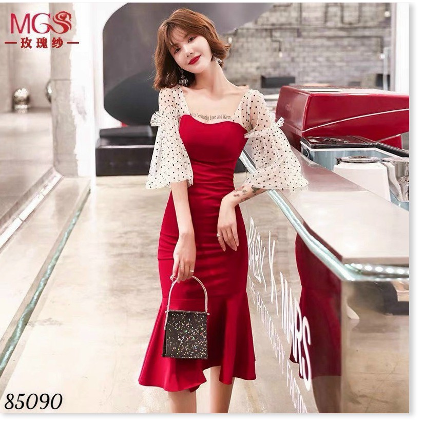 ĐẦM BODY ĐUÔI CÁ TAY PHỐI LƯỚI CHẤM BI TIỂU THƯ SIÊU XINH
