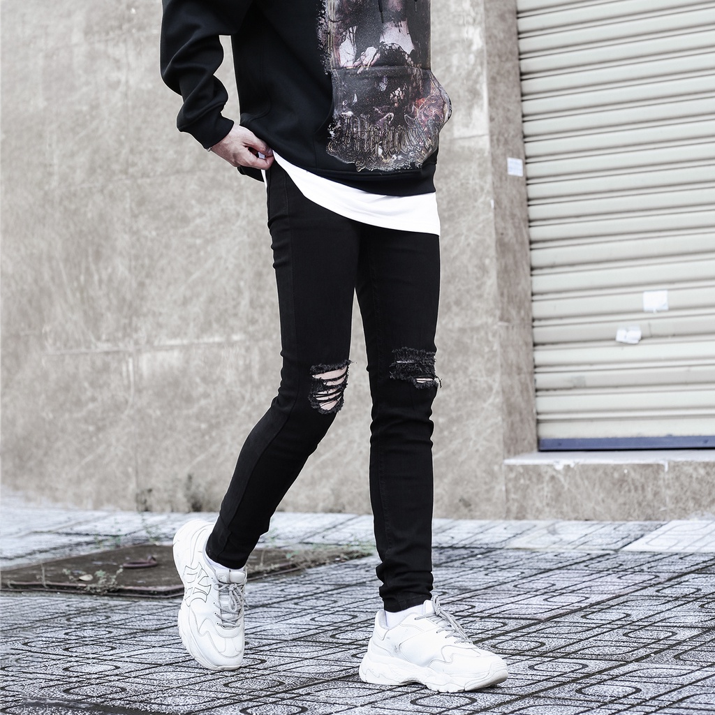 Quần Jeans Nam Đen Rách Gối kiểu Form Dáng Skinny Đứng Dáng Ôm Chân Đẹp, Co giãn Tốt
