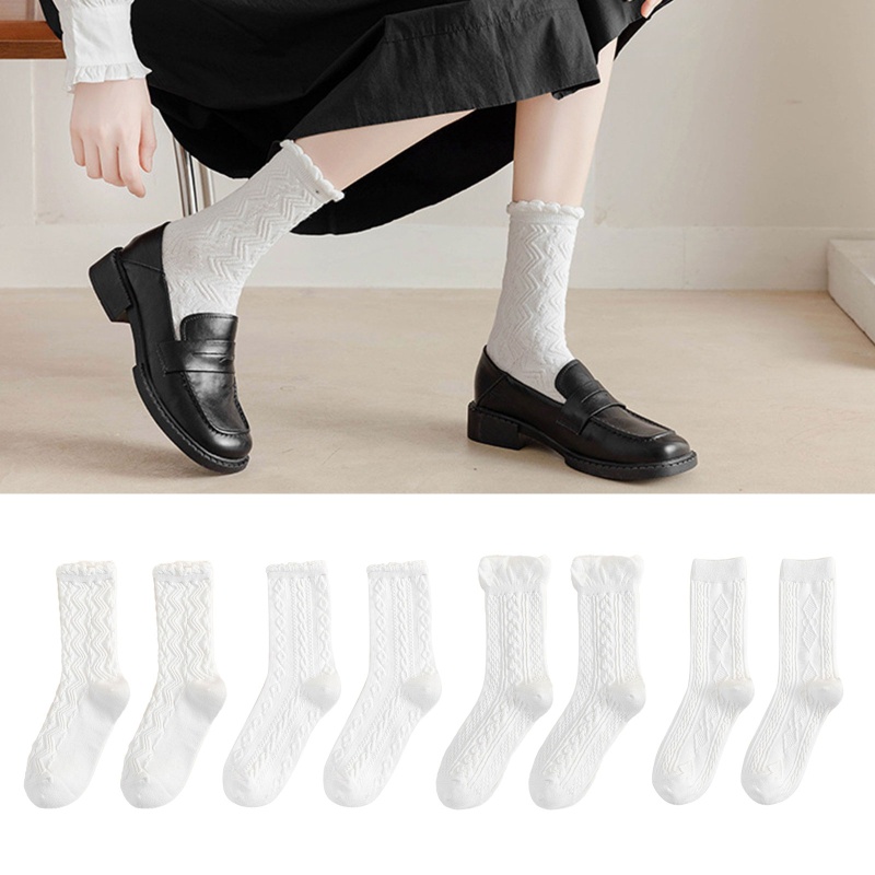 Brroa Vớ Cotton Cổ Thuyền Họa Tiết Sọc Gợn Sóng Viền Gợn Sóng Màu Trắng Đen Phong Cách Đại Học Mùa Thu Cho Nữ