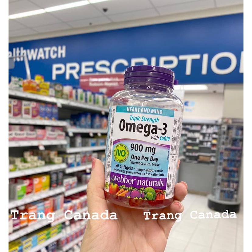 Viên dầu cá Omega 3 coq10, hàm lượng 900mg, công nghệ khử tanh, hộp 80 viên- webber Canada