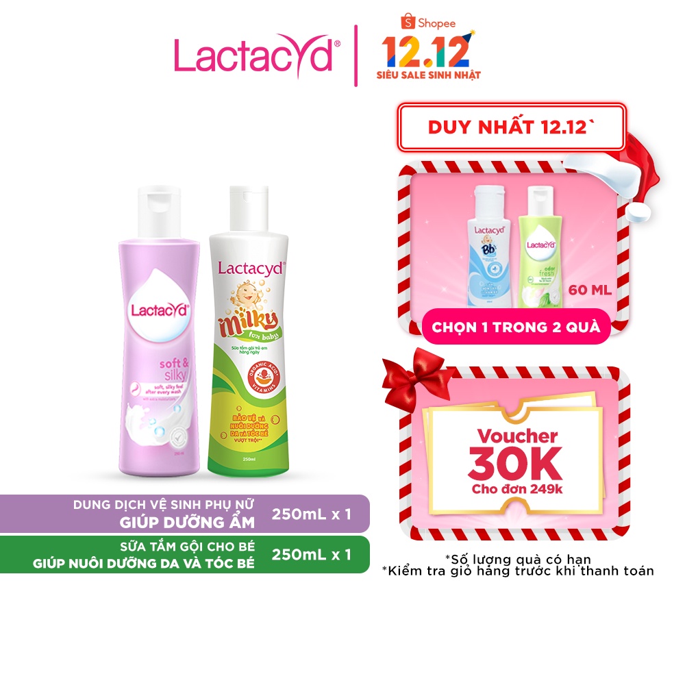 Bộ Dung Dịch Vệ Sinh Phụ Nữ Lactacyd Soft &amp; Silky Dưỡng Ẩm 250ml + Lactacyd Milky Bảo Vệ, Nuôi Dưỡng Da và Tóc Bé 250ml