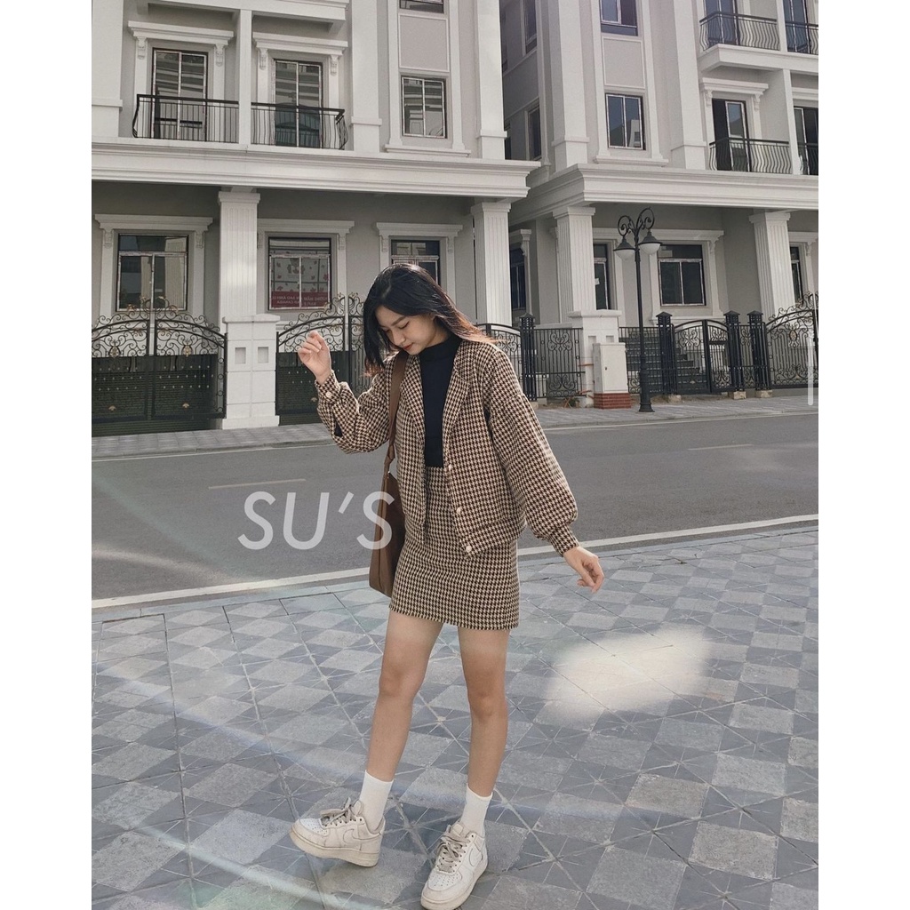 Set áo khoác dạ kẻ tay bồng kèm chân váy viền tua rua 247store.vn - mã 6062