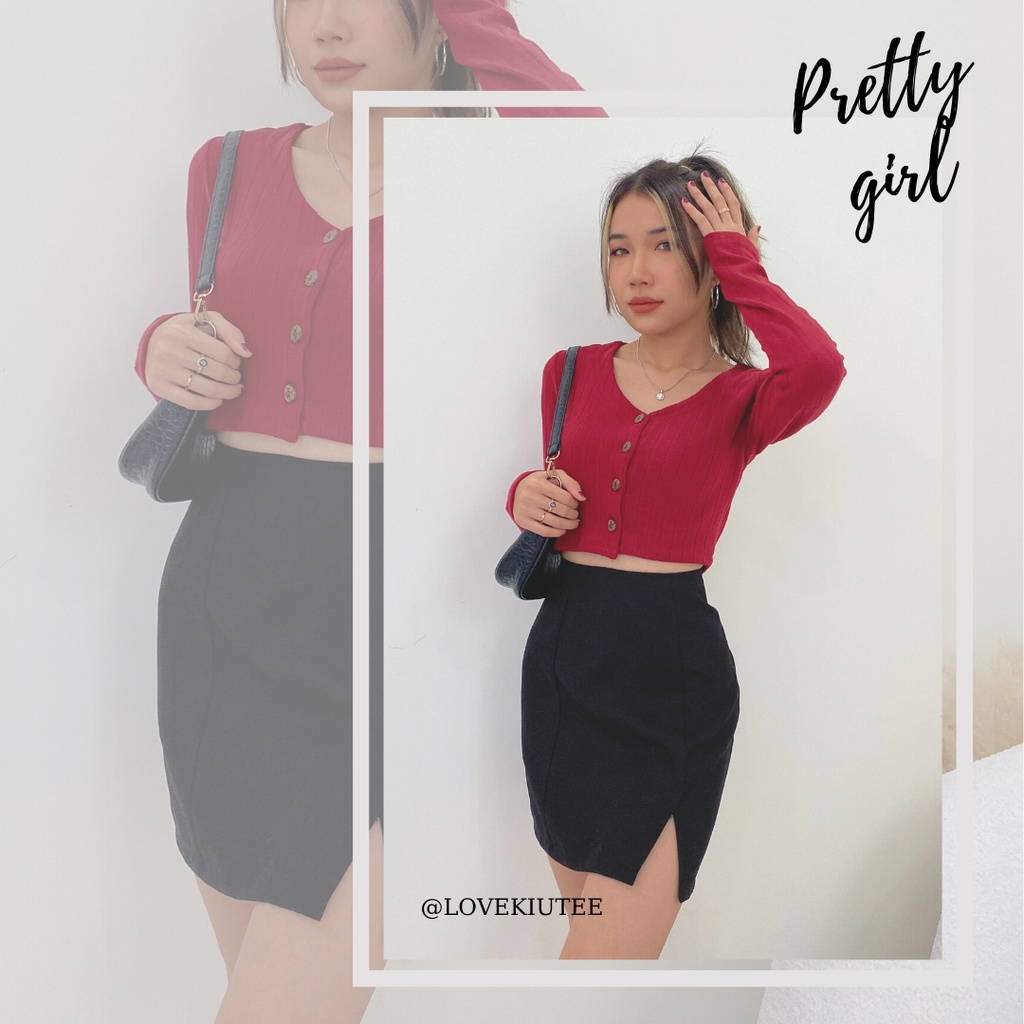 Áo ngắn tay dài nút gỗ Button Front Croptop vải co dãn LOVEKIUTEE