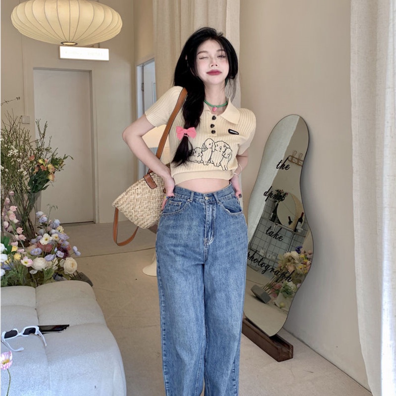 Áo polo Pure Cube dệt kim tay ngắn dáng ôm thêu hình thỏ thời trang mùa hè cho nữ