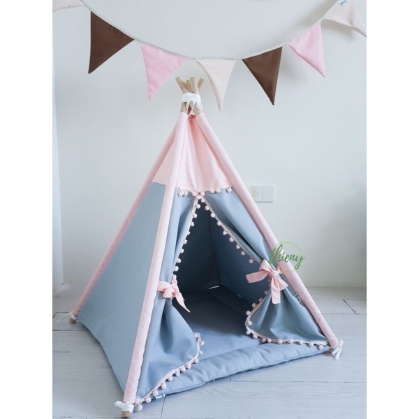 Lều thú cưng Lều cho chó mèo vải kaki cao cấp màu ghi hồng viền pompom - kích thước 60x60x70cm Hàng có sẵn Ảnh tự chụp