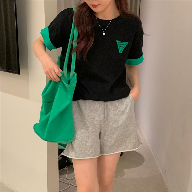 SUXI Áo Thun Cotton Cổ Tròn Tay Ngắn Dáng Rộng In Chữ Phối Màu Tương Phản Thời Trang Mùa Hè Cho Nữ