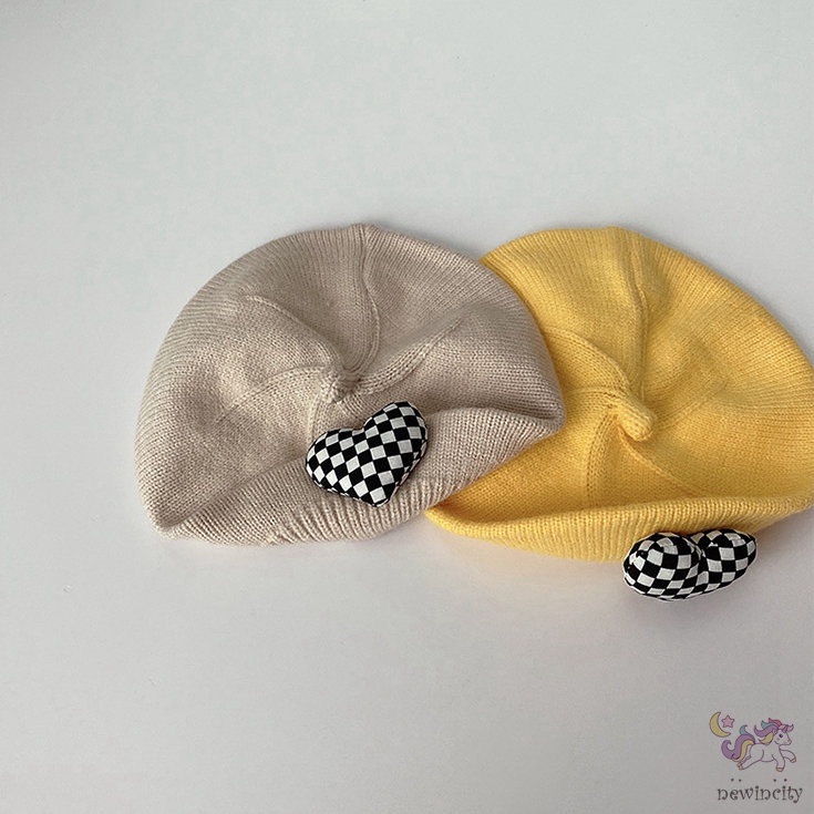 Mũ Beret Dệt Kim Ba Chiều In Họa Tiết Kẻ Ô Trái Tim Thời Trang Hàn Quốc Cho Bé Gái