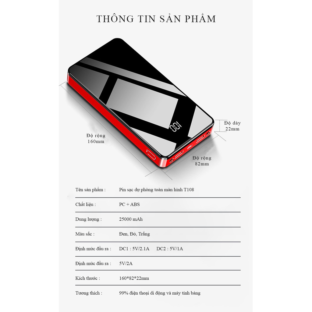 [TĂNG QUẠT USB + FREESHIP] Pin sạc dự phòng T108S 25000mAh Dung lượng lớn Sạc nhanh 2 cổng USB kèm 2 đèn pin