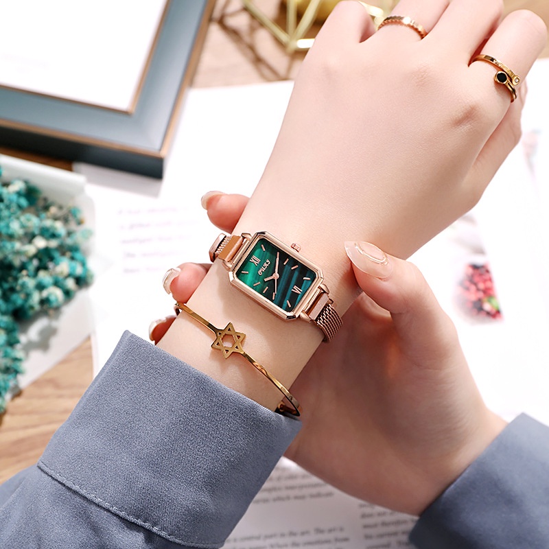 Đồng Hồ Đeo Tay Mặt Vuông Nhỏ Màu Xanh Lá Nhạt Thời Trang Sang Trọng Niche Đơn Giản Dành Cho Học Sinh Nữ