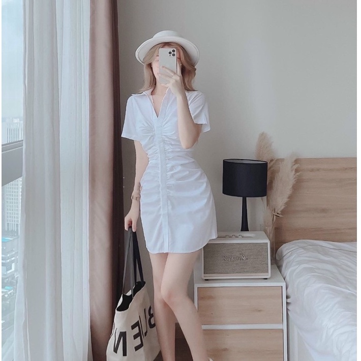 Đầm sơ mi nữ thời trang stclothing  thiết kế nhún eo cài nút st 75- mẫu mới