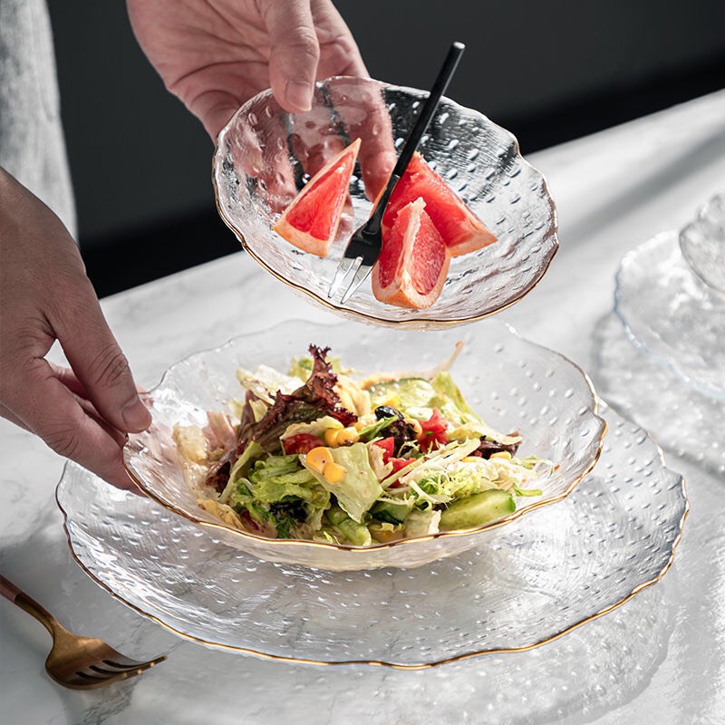 Đĩa thủy tinh VIỀN VÀNG, đĩa salad, đĩa decor cao cấp, chịu nhiệt cao