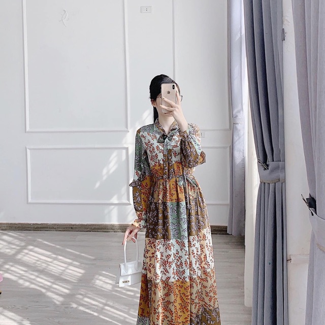 (Ảnh thật) Đầm maxi hoạ tiết thắt đai eo - loại đẹp V0010