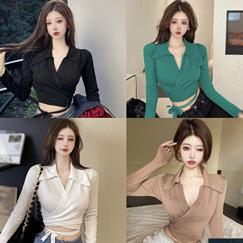 Áo croptop dệt kim màu trơn tay dài cổ chữ V thời trang Hàn Quốc cho nữ