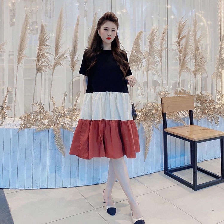 Đầm đuôi cá 3 tầng đen be phối màu Váy ngắn tay cổ tròn form rộng