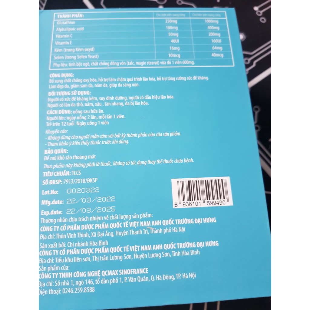 Viên uống Glutathione 1000  trắng sáng da mờ nám giảm tàn nhang lọ 30 viên chính hãng