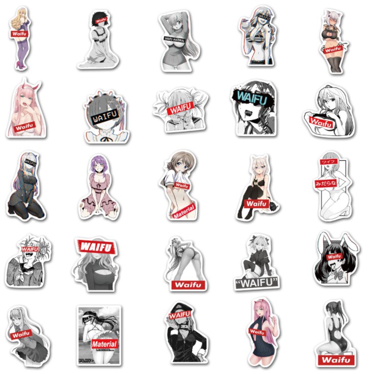 Combo Sticker WAIFU SEXY ANIME nhựa PVC không thấm nước, dán nón bảo hiểm, laptop, điện thoại, Vali, xe