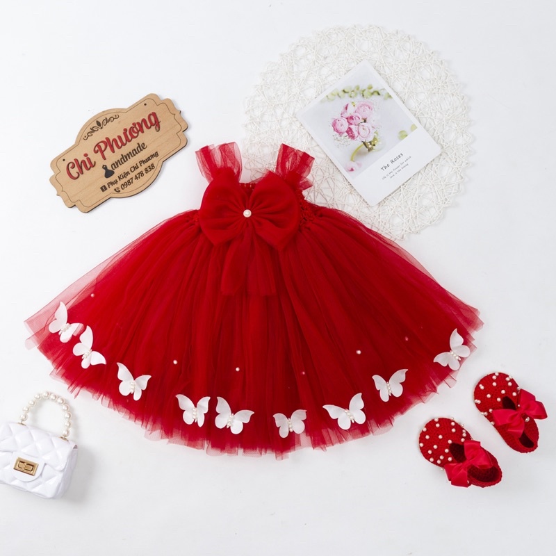 🍓Đầm công chúa tutu cho bé 🍎Đầm đỏ nơ gắn b.ướm trắng