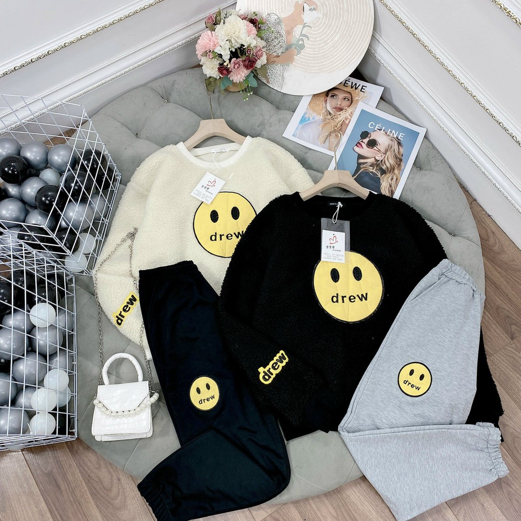 Set áo lông Drew mix quần bom  vải lông cừu dày dặn, hình thêu cute