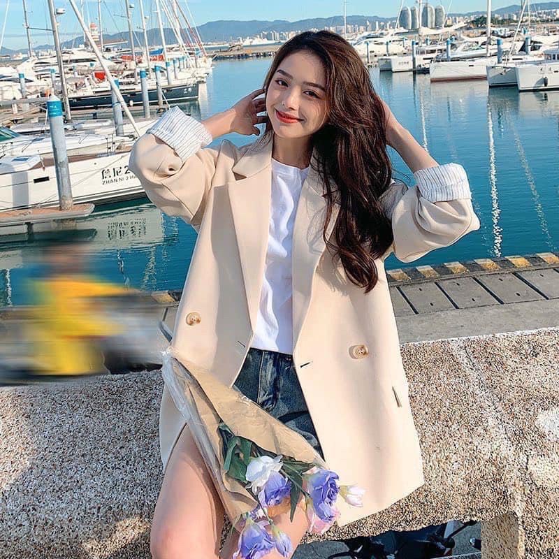 Áo blazer phong cách Ulzzang Hàn Quốc loại 1 màu be và đen dành cho nữ chất đẹp dáng vest dài tay phom rộng cá tính | BigBuy360 - bigbuy360.vn