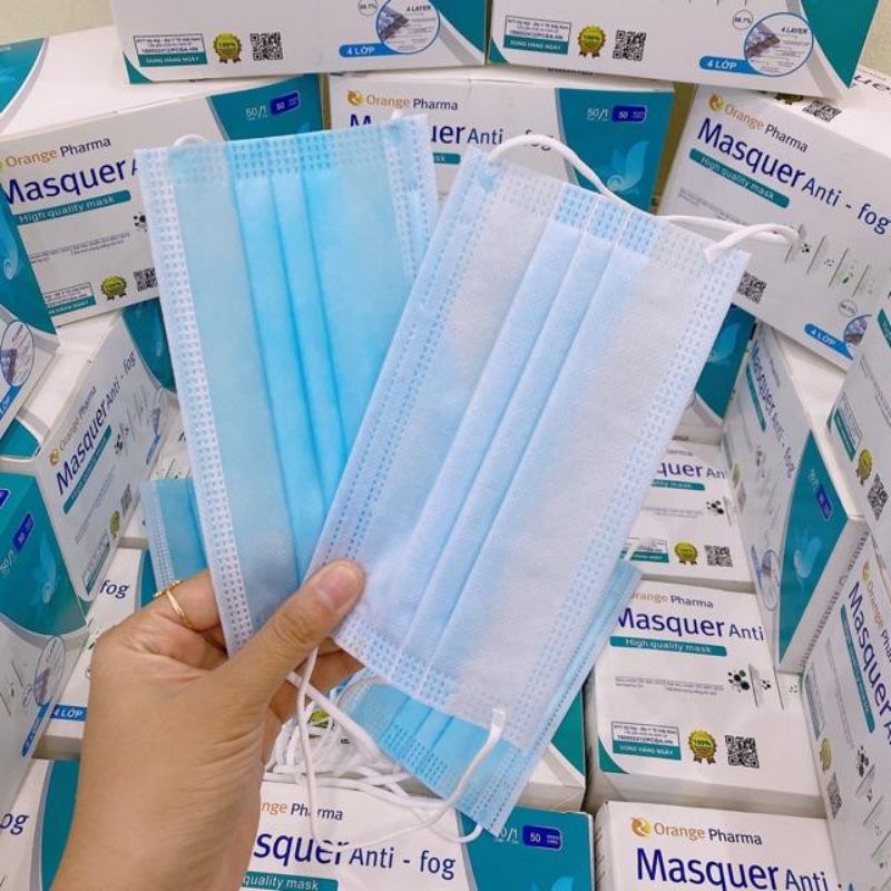 Khẩu trang 4 lớp Masquer Anti-fog hàng xuất khẩu Giấy kháng khuẩn 99%. Hộp 50 chiếc mầu XANH
