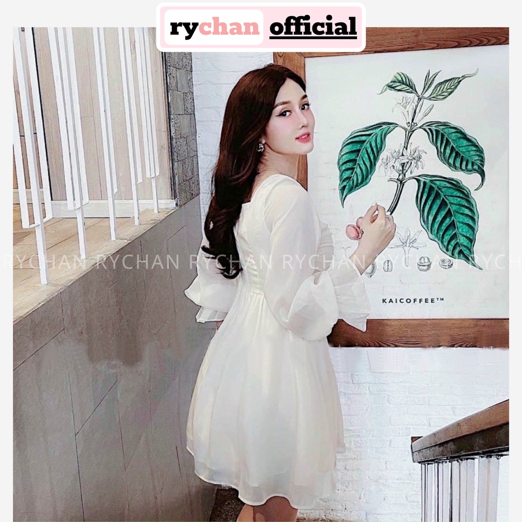 Đầm Nữ Dự Tiệc Cưới Cổ Vuông Tay Dài Nhúng Trước 2 Lớp Dày Dặn Cực Đẹp Màu Trắng - DX9823