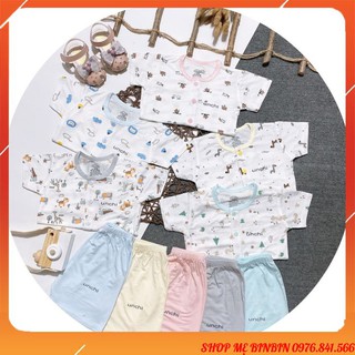 Bộ cộc tay UNCHI chất peptit thoáng mát có cúc giữa cho bé trai bé gái từ 4 đến 15kg thời trang trẻ em Shop Mẹ Bin Bin