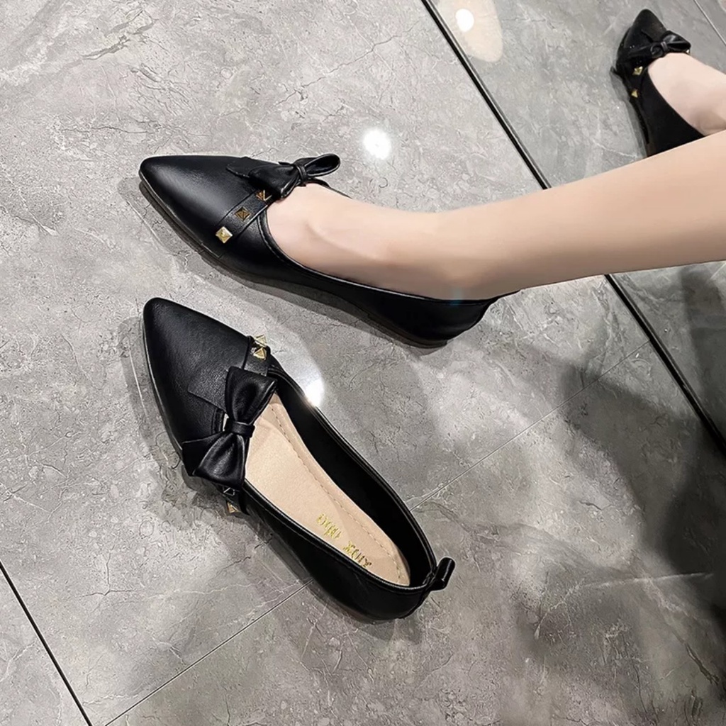 Ảnh thật Giày búp bê nữ da mềm êm chân nơ chéo đinh tán sang chảnh