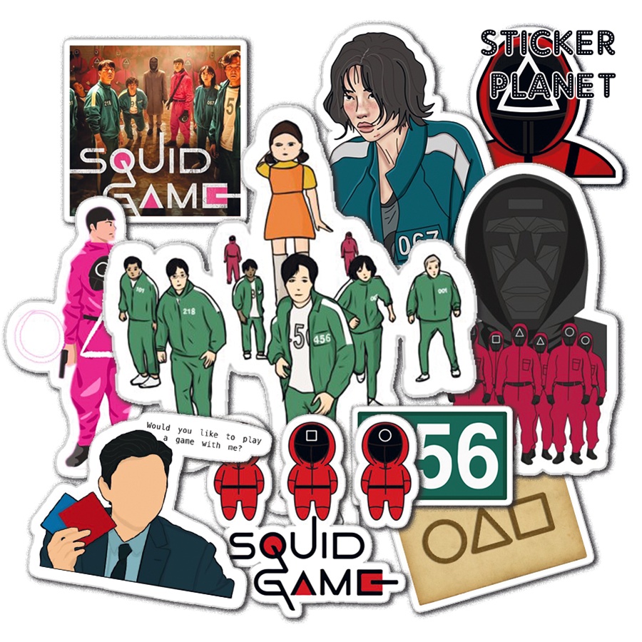 Bộ sticker Squid Game (2021) trò chơi con mực trang trí mũ bảo hiểm, đàn, guitar, ukulele, điện thoại laptop