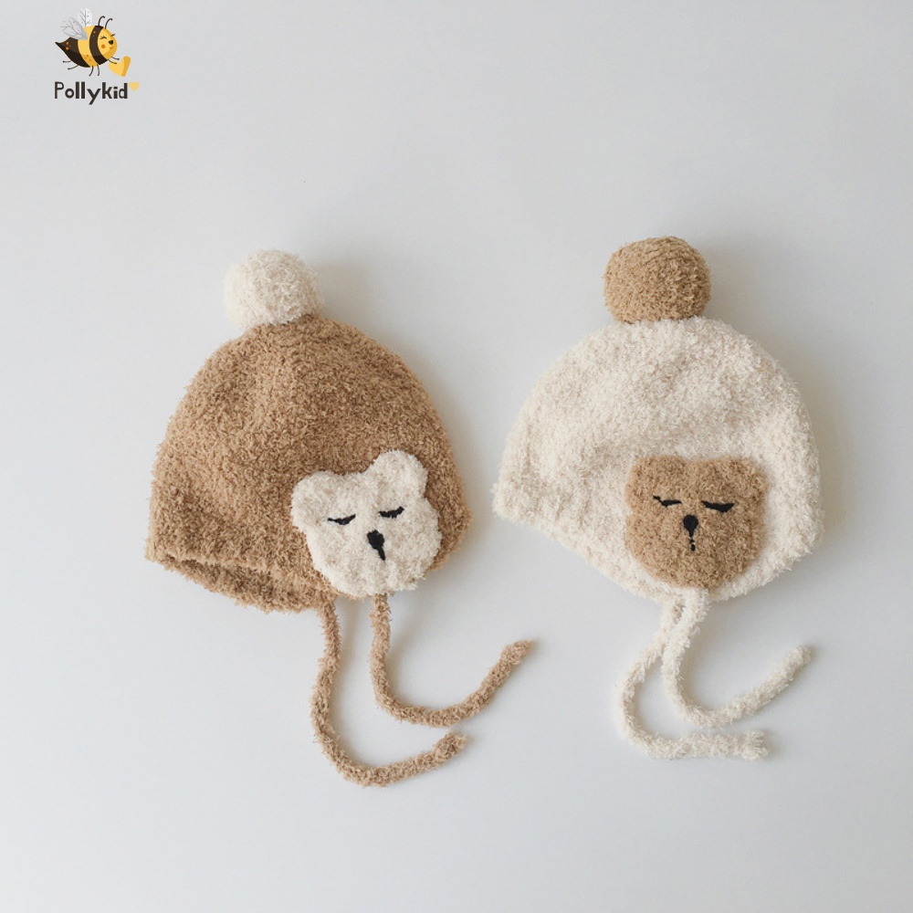 Mũ len ấm áp mùa đông mặt gấu đáng yêu có dây buộc cho bé độ tuổi từ 2-24m Pollykid SP205