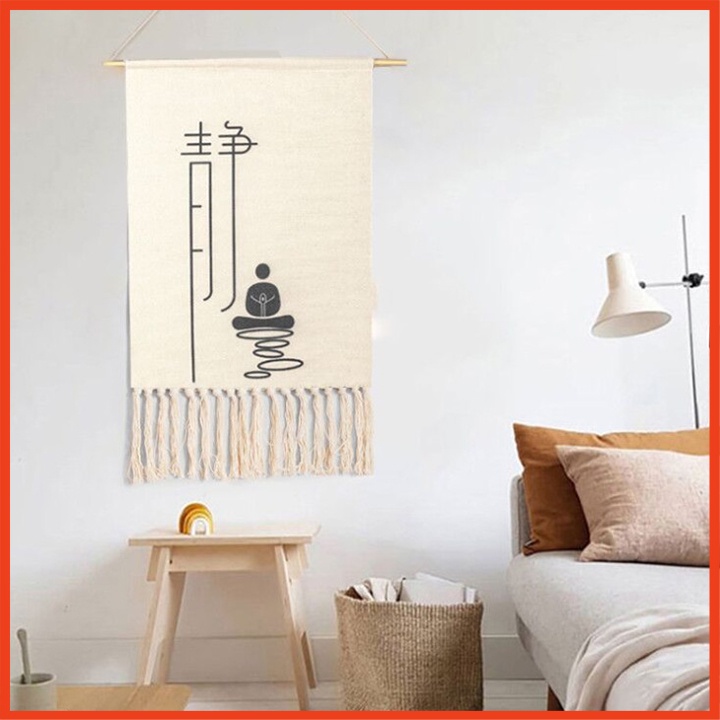 Thảm treo tường tua rua phong cách vintage 50x70cm + Tặng kèm thanh treo, dây, đinh vô hình, Tranh vải treo tường