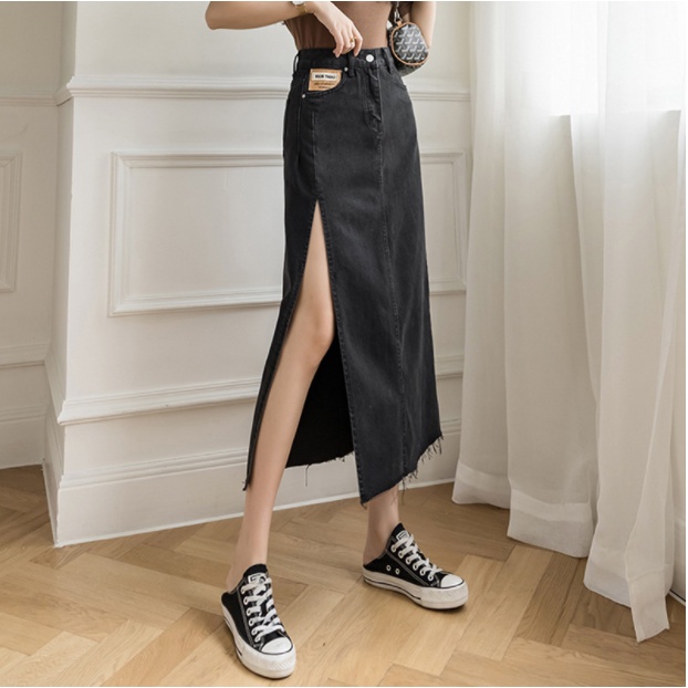 Chân váy jeans dài xẻ tà cao Quảng Châu, năng động, dạo phố, đi chơi