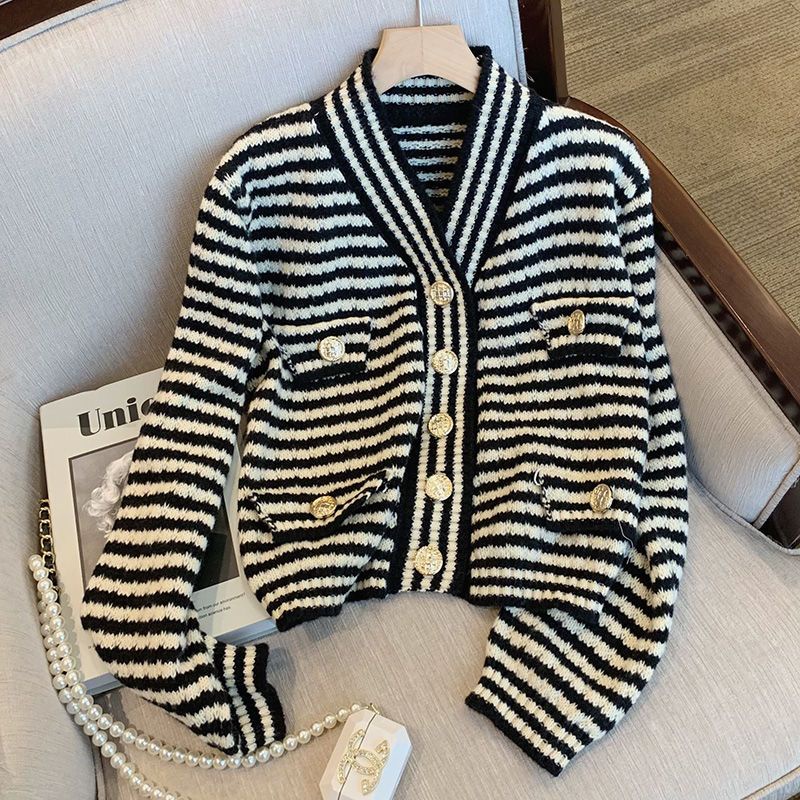 Retro Hong Kong stripes hit color knitted cardigan girl's little fragrant style coat v-neck sweater loose lazy long sleeves