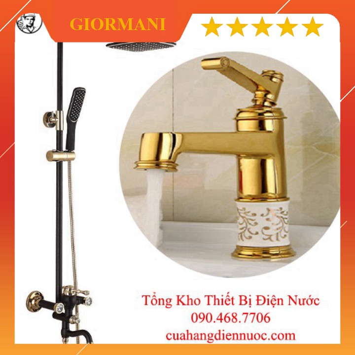 Combo bộ sen cây tắm nóng lạnh kèm vòi chậu lavabo vàng đen cao cấp