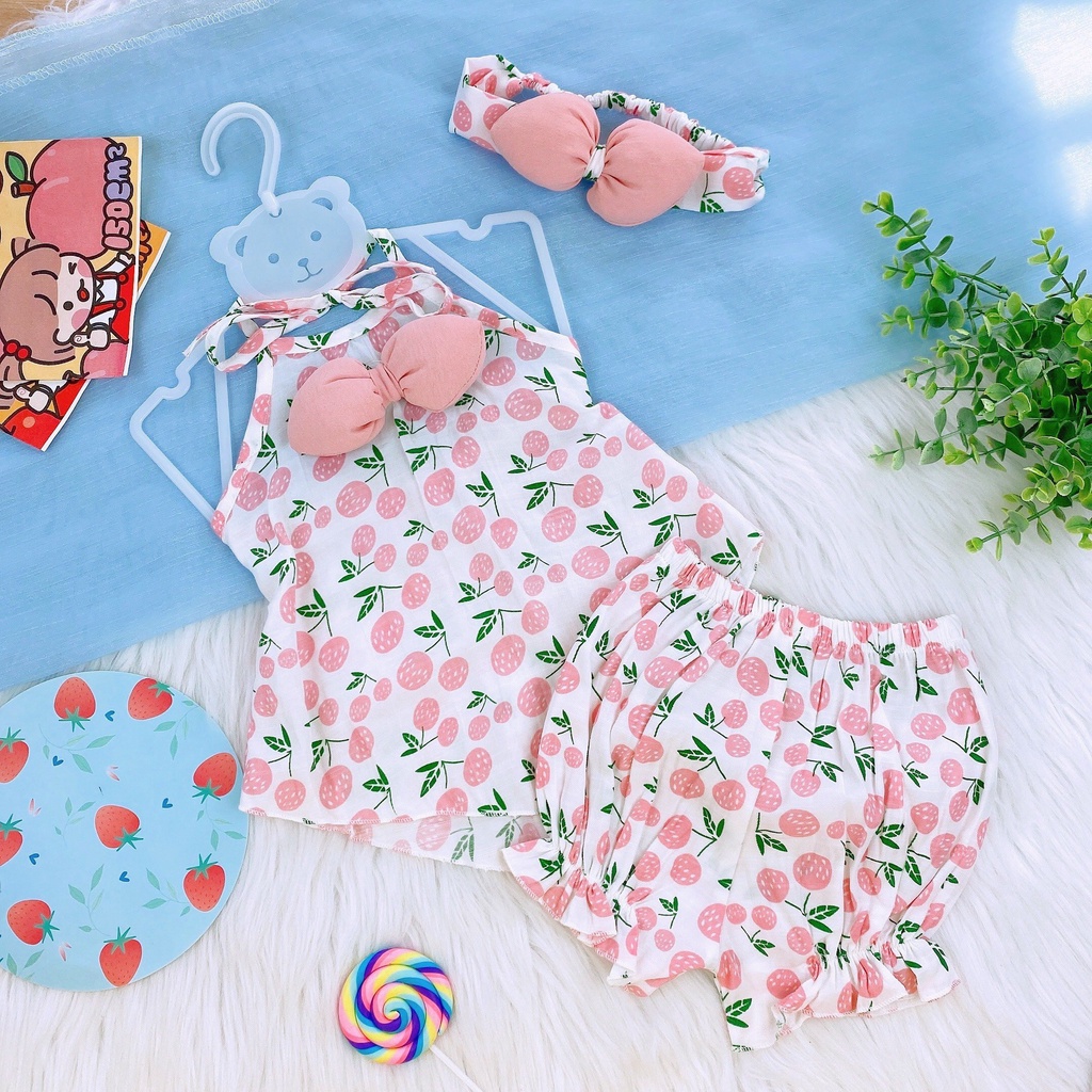 Set bộ xinh xắn màu quả ngọt kèm nơ cục bông siêu baby (nơ nhồi bông căng tròn nà). SIZE: 4-18kg