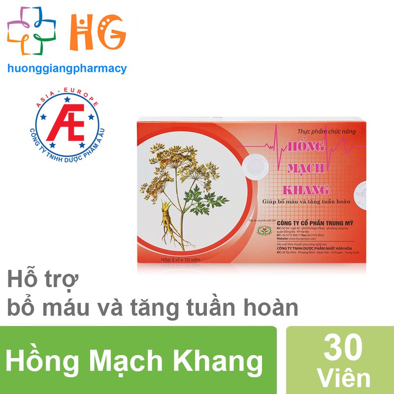 Hồng Mạch Khang - Hỗ trợ bổ máu, tăng tuần hoàn não (Hộp 30 viên)