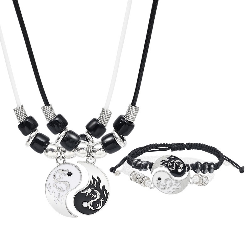 Set 2 Vòng Tay Bện Dây Mặt Âm Dương Trắng Đen Thời Trang Unisex